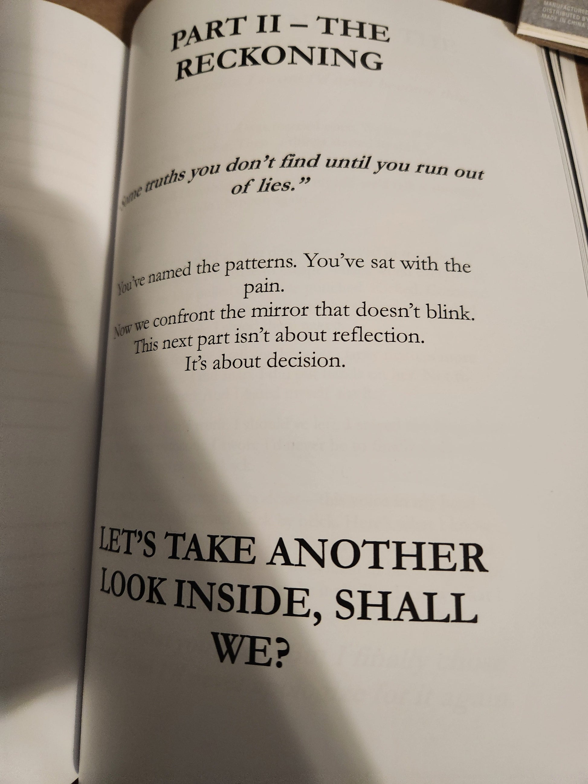 Book page with text about reflection and decision-making